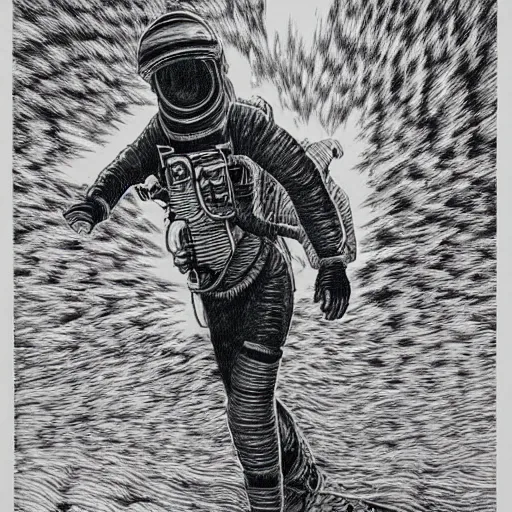 Image similar to highly detailed black work drawing of an astronaut on fire walking through a dystopian desert