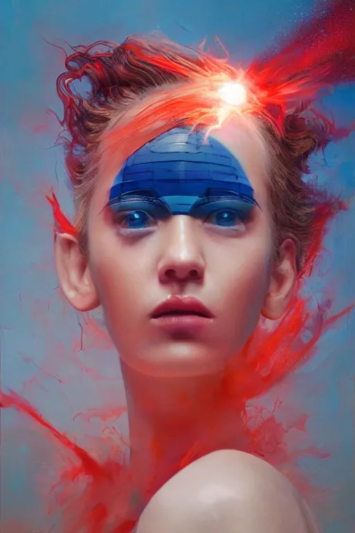 Prompt: 3 d, sci - fi, morning, madness fashion model face, sun, lightning clouds, vogue cover style, light red and deep blue mood, cinematic, realistic painting, intricate oil painting, high detail, figurative art, multiple exposure, poster art, 3 d, by stanley kubrick and tooth wu and wlop and beeple and greg rutkowski