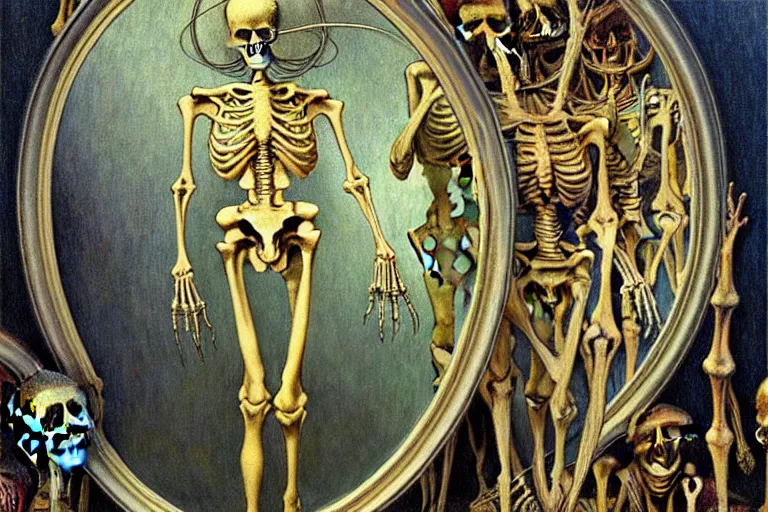 Prompt: realistic extremely detailed portrait painting of a skeleton looking in vintage mirror, alien crowd in background by Jean Delville, Amano, Yves Tanguy, Alphonse Mucha, Ernst Haeckel, Edward Robert Hughes, Roger Dean, rich moody colours, blue eyes