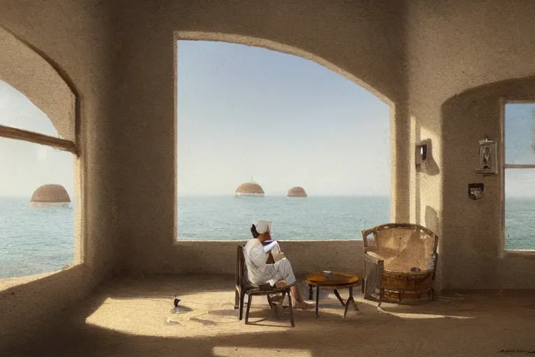 Image similar to a matte painting of a man sitting down and having a cup of tea in his house by the beach, by greg rutkowski, muted colors