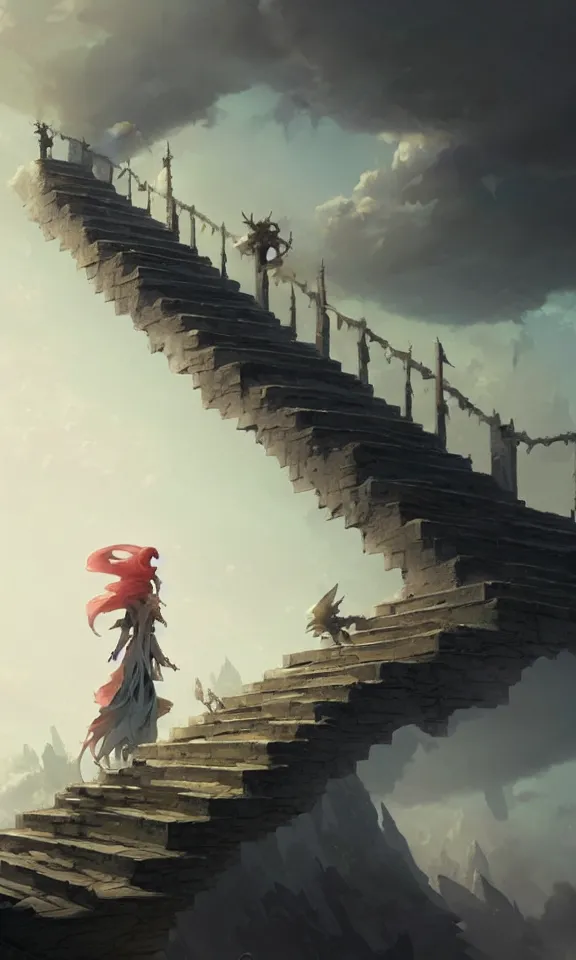 Image similar to straight staircase to heaven, sky full of clouds, art by greg rutkowski and peter mohrbacher, featured in artstation, octane render, cinematic, elegant, intricate, ultra detailed, rule of thirds, professional lighting, unreal engine, fantasy, concept art, sharp focus, illustration, 8 k