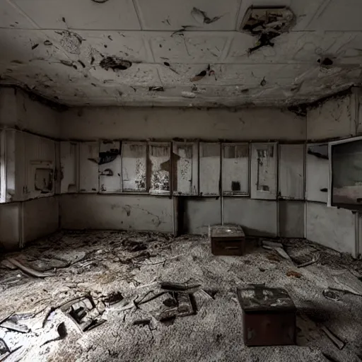 Image similar to abandoned room with old monitors inside, dark and dusty