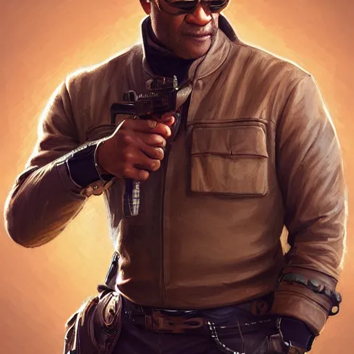 Prompt: Lawrence Fishburne as a secret agent with sunglasses, D&D, fantasy, intricate, elegant, highly detailed, digital painting, artstation, concept art, matte, sharp focus, illustration, hearthstone, art by Artgerm and Greg Rutkowski and Alphonse Mucha