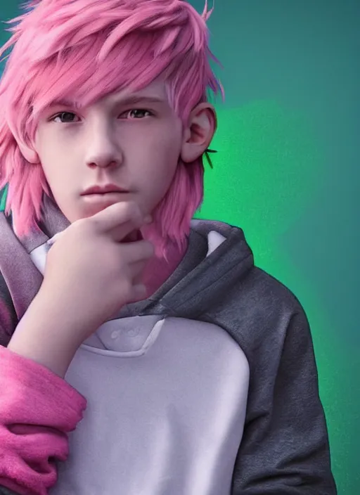 Image similar to a beautiful portrait of a cute teenage boy with pink hair and pink wolf ears and green eyes wearing a hoodie. artstation, pinterest, ambient occlusion, volumetric light, digital art, highly detailed, fine detail, complex fantasy character, rendered in octane