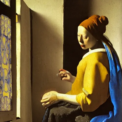 Image similar to A woman who has just been born from a natural well. Painting by Johannes Vermeer.