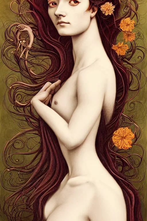 Prompt: portrait of a young female wizard in flowing sensual dress, arrogant, long fine flowing hair, delicate, looking at camera, slight nerdy awkward smile, realistic face, stylish, elegant, grimdark fantasy, flowers, extremely detailed painting inspired by Gerald Brom and Ernst Haeckel and Sandro Botticelli , studio lighting