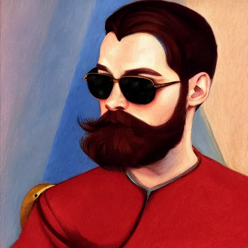 Prompt: closeup front portrait of duke leto atreides, avatar photo, short beard, long hair, hipster haircut, sunglasses, painted by Edward Hopper
