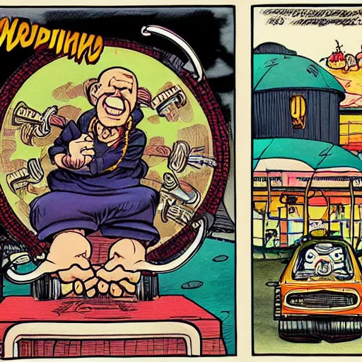 Prompt: cute and funny, mad monk in robe, spinning a large wheel, ratfink style by ed roth, centered award winning watercolor pen illustration, isometric illustration by chihiro iwasaki, the artwork of r. crumb and his cheap suit, cult - classic - comic,