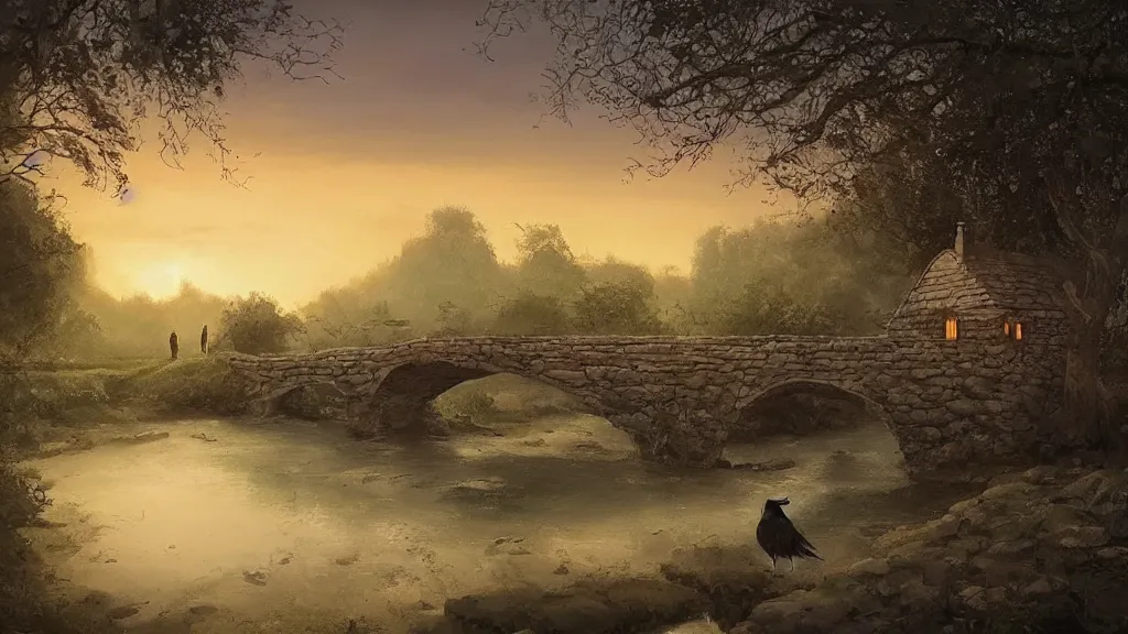 Image similar to small wooden cottage by the river, a tree with vines wrapped around it, two crows on the tree, tranquility, arch stone bridge over the river, an old man riding a horse on the bridge, sunset, by charlie bowater, by greg rutkowski