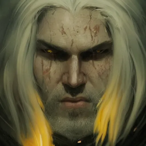 Prompt: geralt of rivia with long beard and yellow cat eyes, close up, portrait, sinister atmospheric lighting. highly detailed painting by greg rutkowski, anime style