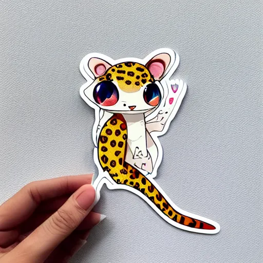 Prompt: A very beautiful sticker art of a leopard gecko cat, fluffy, friendly, soft colors, watercolor, cute, white background, high quality, smooth lines, trending on ArtStation, anime, Instagram