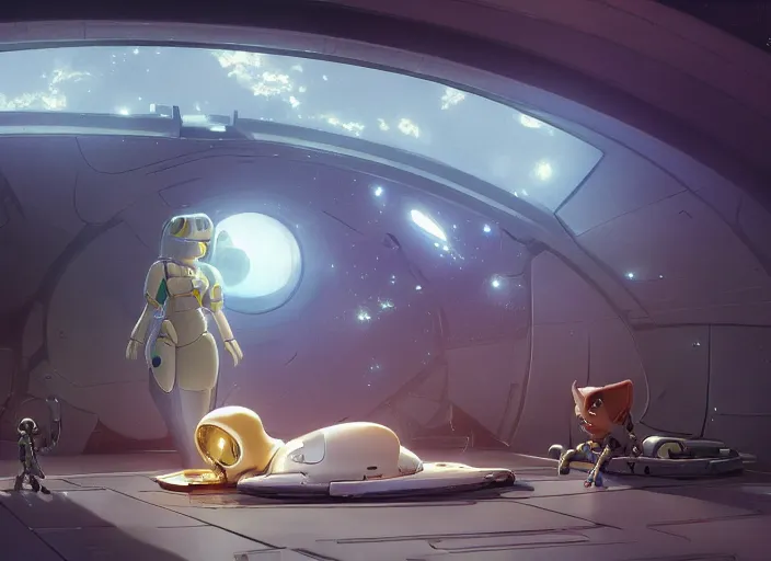 Prompt: a pretty robot girl and her alien space cat sleeping in a spaceport in a space opera ghibli animated film, volumetric lighting, octane render by stanley artgerm lau, greg rutkowski, thomas kindkade, alphonse mucha, loish, norman rockwel, highly detailed