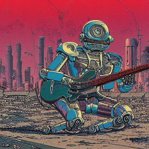 Prompt: illustration of a death robot playing guitar in a ruined street by kilian eng, katsuhiro otomo and jean giraud moebius, biomechanical