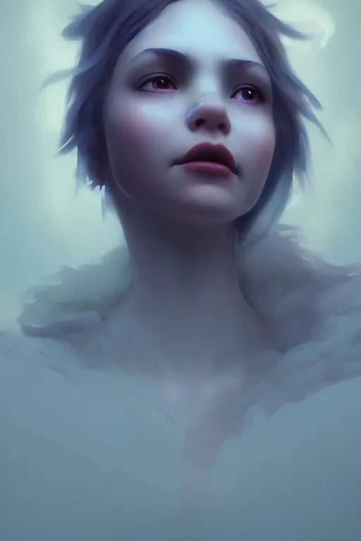 Image similar to Bioluminescent, Her breath shot a haze of steam out into the frosty morning air concept, soft light, soft mood, realistic body features and face, illustration, painting oil on canvas by Elena Zhurikhina and Goro Fujita and Charlie Bowater, octane render trending on artstation, 4k, 8k, HD