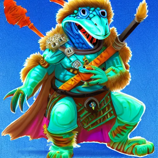 Image similar to a blue lizard warrior who is wearing a silly fluffy colorful hat, highly detailed, fantasy, dnd, wearing armor, holding a sword