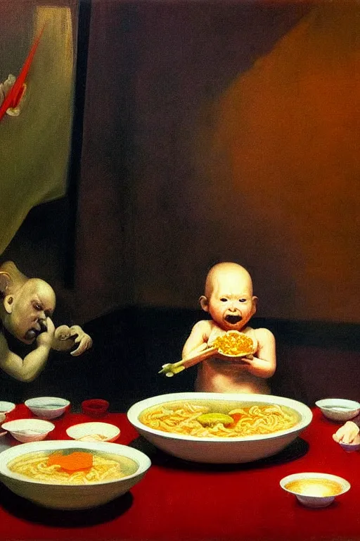 Prompt: evil and angry human giant baby eating a huge bowl of ramen in new york city, traditional chinese restaurant, hauntingly surreal, highly detailed painting by francis bacon, edward hopper, adrian ghenie, gerhard richter, and james jean soft light 4 k,