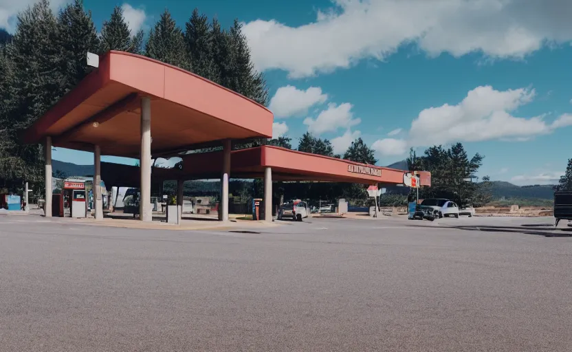 Image similar to cinematic still screenshot of the port byron travel plaza in the middle of nowhere, shot by saul leiter, camera height 7 feet, moody cinematography, 2 4 mm anamorphic lens