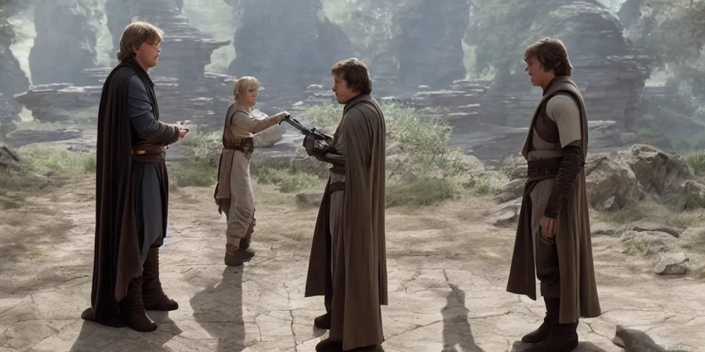 Prompt: Luke Skywalker teaches Grogu at Jedi Temple scene from the Mandalorian 2022, serene, iconic scene, stunning cinematography, anamorphic lenses, kodak film