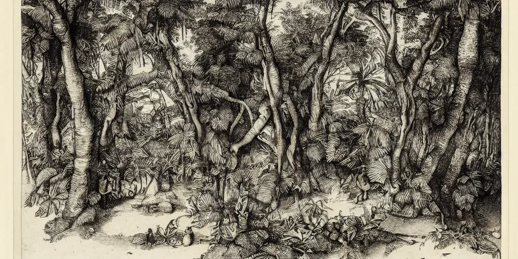 Prompt: A ready made by Marcel Duchamp, in a tropical forest by Albrecht Dürer, ink, engraving, 17th century, landscape