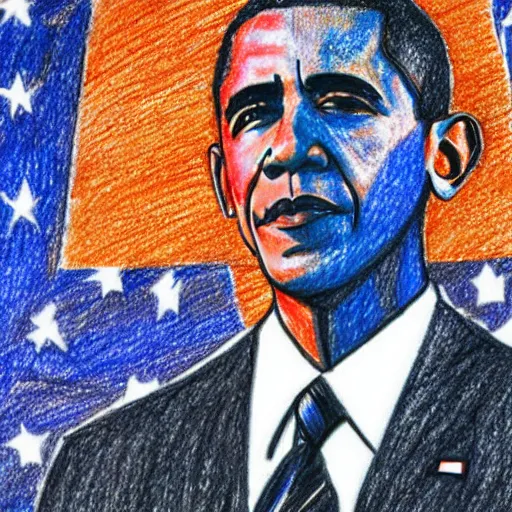 Prompt: a drawing of president obama, drawn by a five year old with crayons,