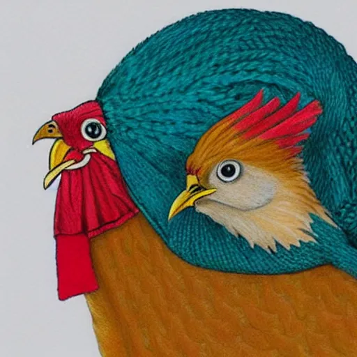 Image similar to A chicken knitting a scarf, color drawing