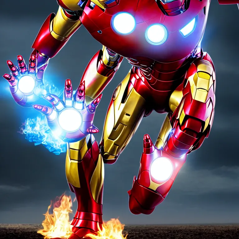 Image similar to iron man with fire behind him, movie still, action flying shot, chrome, shiny, reflective, metallic, 3 d render, realistic, hdr, stan winston studios, dramatic lighting, flame colors bright,