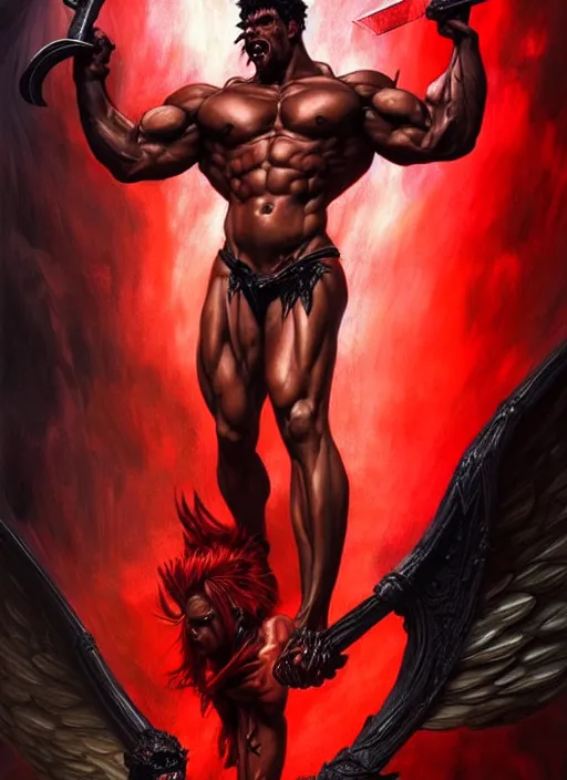 Image similar to portrait of aggressive demonic damned heracles slaying an angel, d & d, muscular! athetic slim bodybuilder, red and black, futuristic, fantasy, intricate, elegant, highly detailed, digital painting, artstation, concept art, smooth, sharp focus, illustration, art by artgerm and greg rutkowski and alphonse mucha