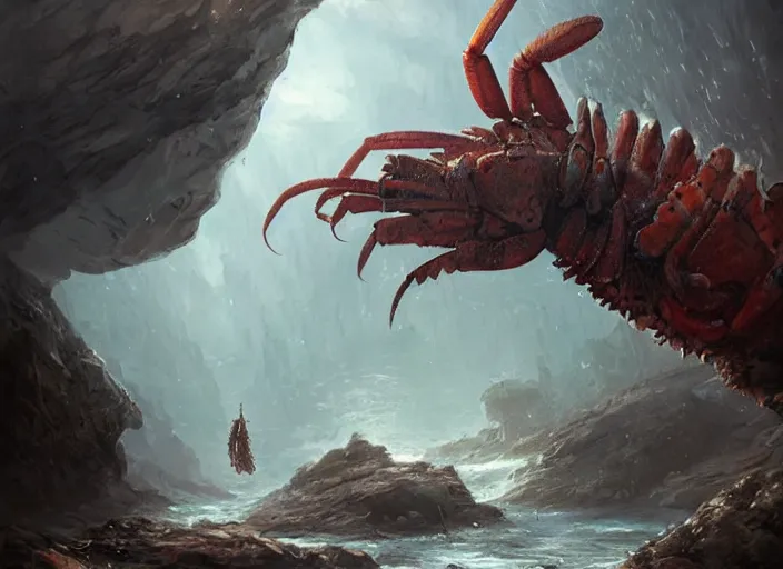 Prompt: a giant lobster monster in a rocky chasm. dreamy fantasy art by greg rutkowski