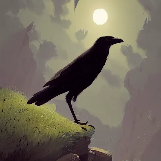 Image similar to a wholesome animation key shot of a crow on a hill, studio ghibli, pixar and disney animation, sharp, anime key art by greg rutkowski, bloom, dramatic lighting