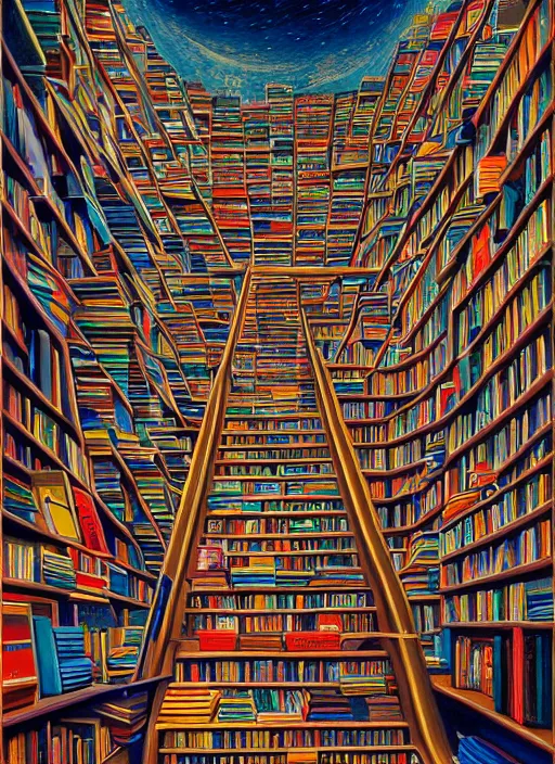 Image similar to the staircase at powell's city of books, vintage shapes, retro technology, happy colors. rob gonsalves, oil on canvas, deep depth field, masterpiece, cinematic composition, hyperdetailed