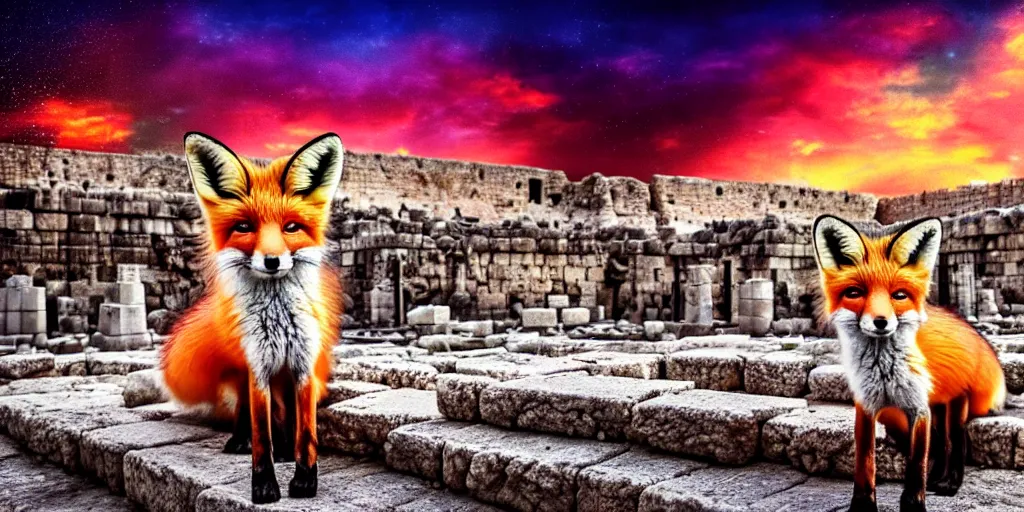 Prompt: a beautiful small fox in the huge ruins of the second temple in jerusalem, dreamy sky, the third temple hovers quietly hiding in the sky above, very colorful painting 8 k trending on art station, intricate superb details, digital art, very very very realistic, cinematic lighting, volumetric lighting, photographic, blur bokeh defocus dof sky.