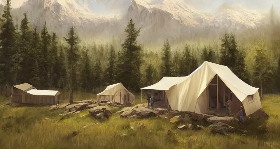 Image similar to cabela's beautiful comfortable modular insulated wall kit - house all weather family dwelling tent house, person in foreground, mountainous forested wilderness open fields, beautiful views, painterly concept art, joanna gaines, environmental concept art, farmhouse, magnolia, concept art illustration, by james gurney, by craig mullins, by greg rutkowski trending on artstation