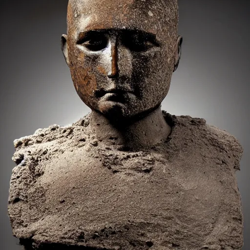 Image similar to an extremely ancient ironman bust that is tarnished and covered in sediment from uncovered earth expedition, rare photograph, smithsonian,