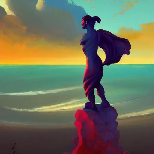 Image similar to colorful peter mohrbacher and andreas rocha impasto!! acrylic painting of a marble statue of a warrior on the shore of a beach with a spectacular sunset overhead. trending on artstation