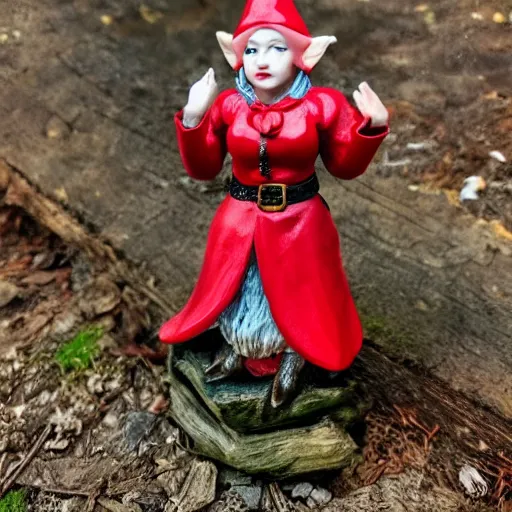 Image similar to 80mm resin model figure female gnome wearing long red coat ,fantasy, D&D, HDR, , natural light, medium close shot, dynamic pose, award winning photograph, Mucha style