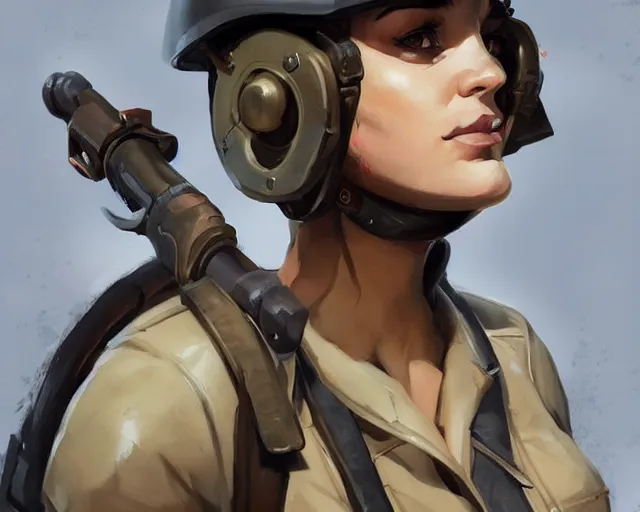 Image similar to portrait of a buff female ww ii soldier in team fortress 2 style, epic, tragic, dark fantasy art, fantasy, pretty, hd shot, digital portrait, beautiful, artstation, comic style, by artgerm, guy denning, jakub rozalski, magali villeneuve and charlie bowater