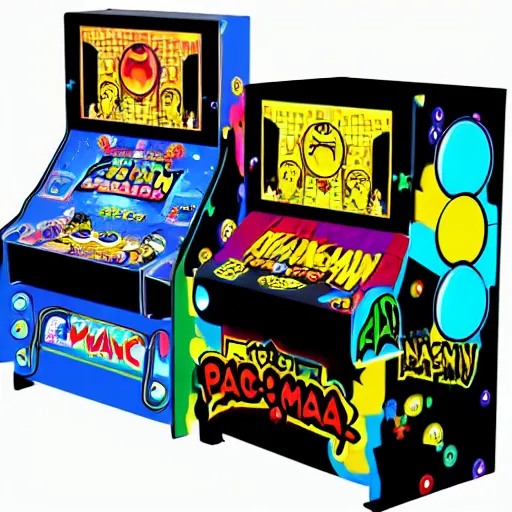 Image similar to pac - man game cabinet in the style of anime, over head view, pac - man colors. anime characters, ghosts, dots