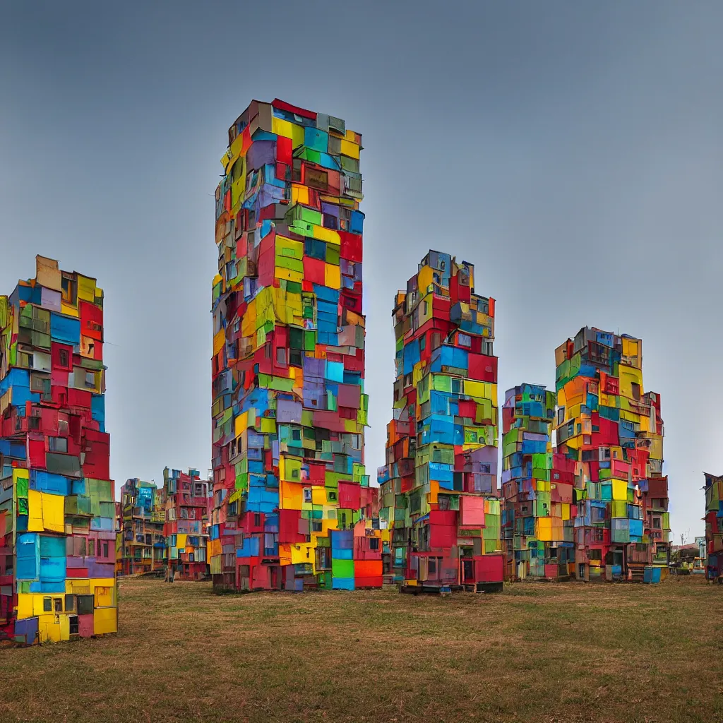 Image similar to two towers, made up of stacked makeshift squatter shacks with colourful facades, plain uniform sky at the back, misty, phase 1, f 1. 8, ultra sharp, very detailed, photographed by julie blackmon