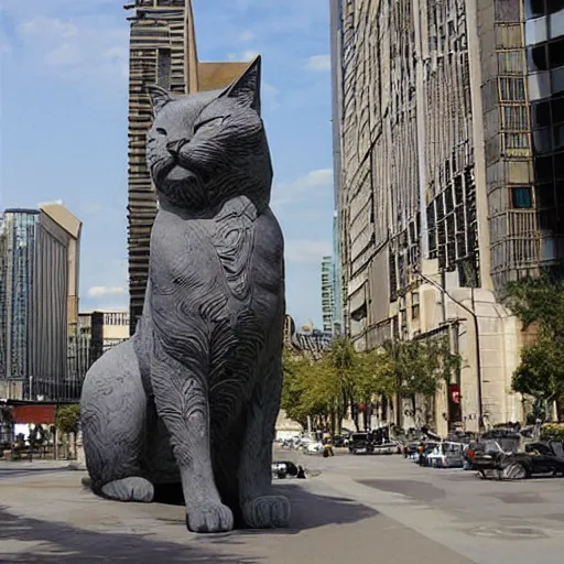 Image similar to a giant cat statue in a city, by moebius