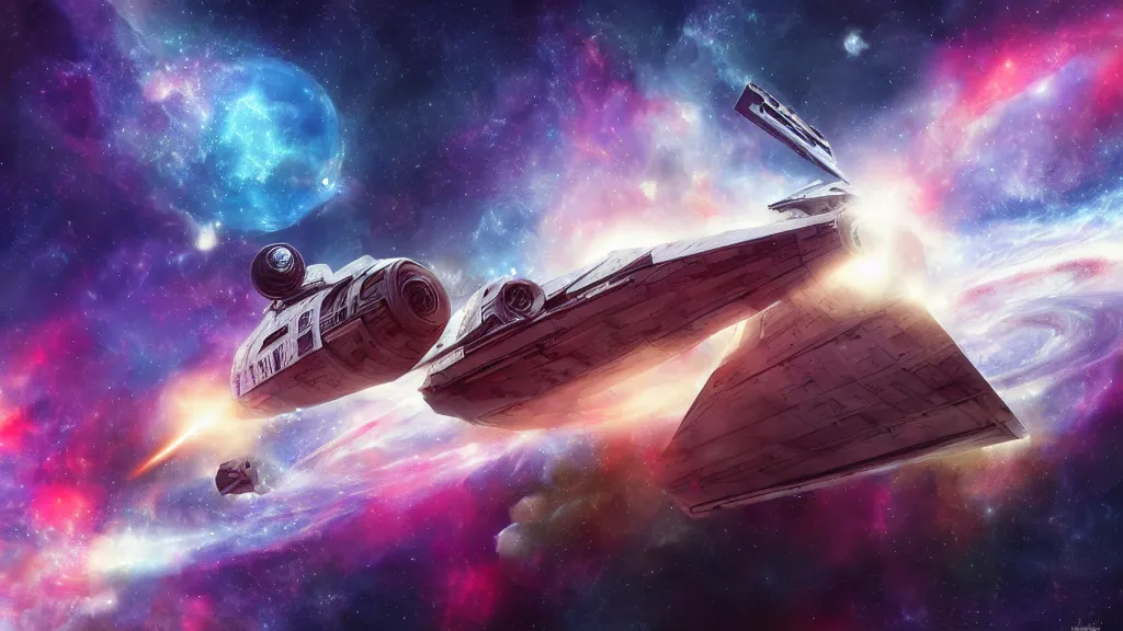 Image similar to a photorealistic concept art of a space van flying in front of a nebula, siny metal, graffiti on the side, epic, star wars style, 4 k hd wallpaper, premium prints available, hyper realistic, bright iridescent light, legendary, trending on artstation