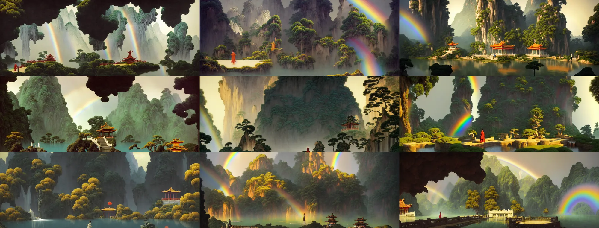 Prompt: a gorgeous landscape painting by barlowe wayne, maxfield parrish and marco mazzoni. chinese temple. just one rainbow, rainy mood!! sunny morning. a lonely chinese wuxia walks on the winding stone steps, stone gate to the dark cave, 3 d, octane render, turbulent lake, waterfall, fog, 8 k.