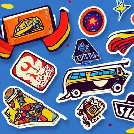 Prompt: illustration of a skater boy, stickers and logos, cosmic art, design graphics, memphis, old school, colors and shapes, vintage, vivid colors