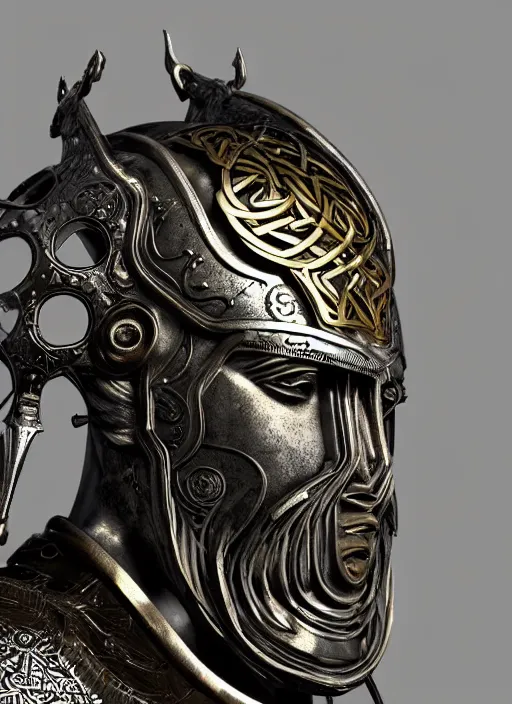 Image similar to hyper realistic glorious ancient celtic god in a obsidian metal armor, futuristic design, designed by makoto kobayashi and luca zampriolo, portrait, cyberpunk style, wood and gold details, intricate, extremely detailed, ornate, deep of field, hard surface, exoskeleton, substance designer metal unreal engine. amazing likeness. very detailed.