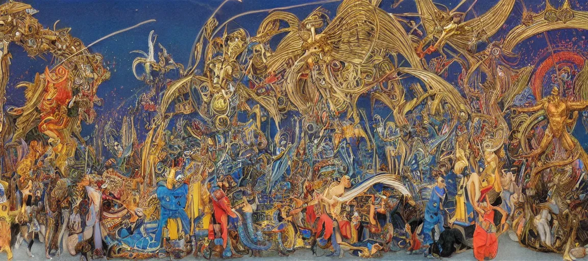 Prompt: mechanical angels descend from heaven in the middle of a small town during a carnival, surreal, majestic, epic, highly detailed, colorful, dramatic, by winsor mccay, by ernst fuchs, by boris vallejo, by francesco del cossa - h 5 1 2