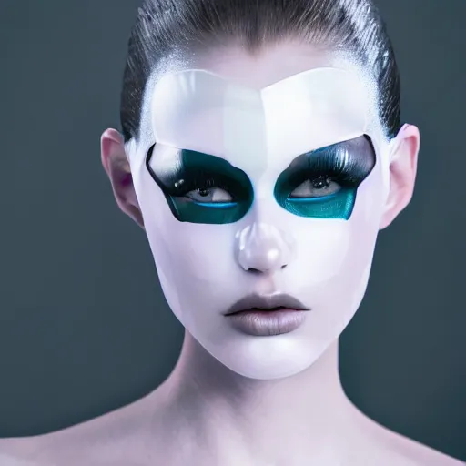 Prompt: high fashion photography of a model in neo futurism white sci - fi makup, transparent cloth, beautifully lit by white neon