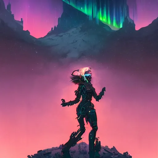 Image similar to an epic grim hyperdetailed 3 d matte painting of a female cyberpunk cyborg sorceress on a distant sci - fi planet under dramatic aurora borealis by peter mohrbacher by dan mumford by jakub rozalski by yoji shinkawa