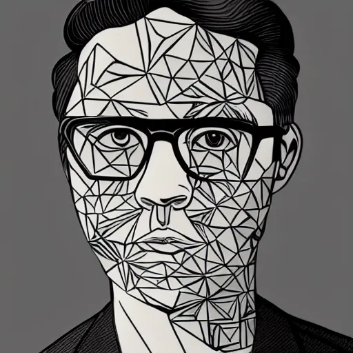 Prompt: Vintage portrait of a handsome brown-haired man wearing glasses with geometric and fractal tattoos all over his face