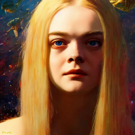 Prompt: ultra realistic medium shot masterpiece portrait painting of elle fanning in the painted world of prey and bruce pennington, apocalypse, cosmic horror, artstation, art by frank frazetta, 4 k, ultra realistic, highly detailed, epic lighting