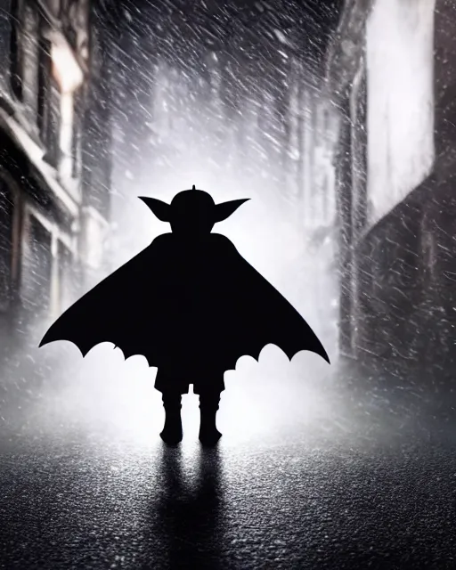 Image similar to epic closeup cinematic still of baby yoda as batman wearing batman costume with batcape as batman in atmospheric rainy alleyway in the style of batman the dark knight rises, 8 k backlit, rim lighting, dramatic moonlight lighting, beautiful composition