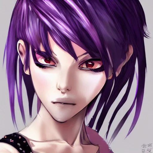 Image similar to full headshot portrait of anime woman with purple pixie cut mohawk punk, digital art, drawn by WLOP, by Avetetsuya Studios, anime manga panel, trending on artstation, wearing a plaid shirt